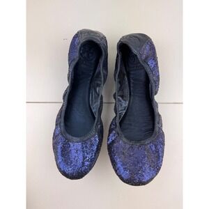 Tory Burch Blue Glitter Leather Ballet Flats Slip On Shoes Size 9.5M